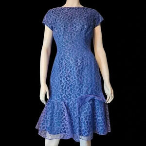 Vintage 60s Hand Sewn Blue Lace Midi Cocktail Dress S/M 6-8